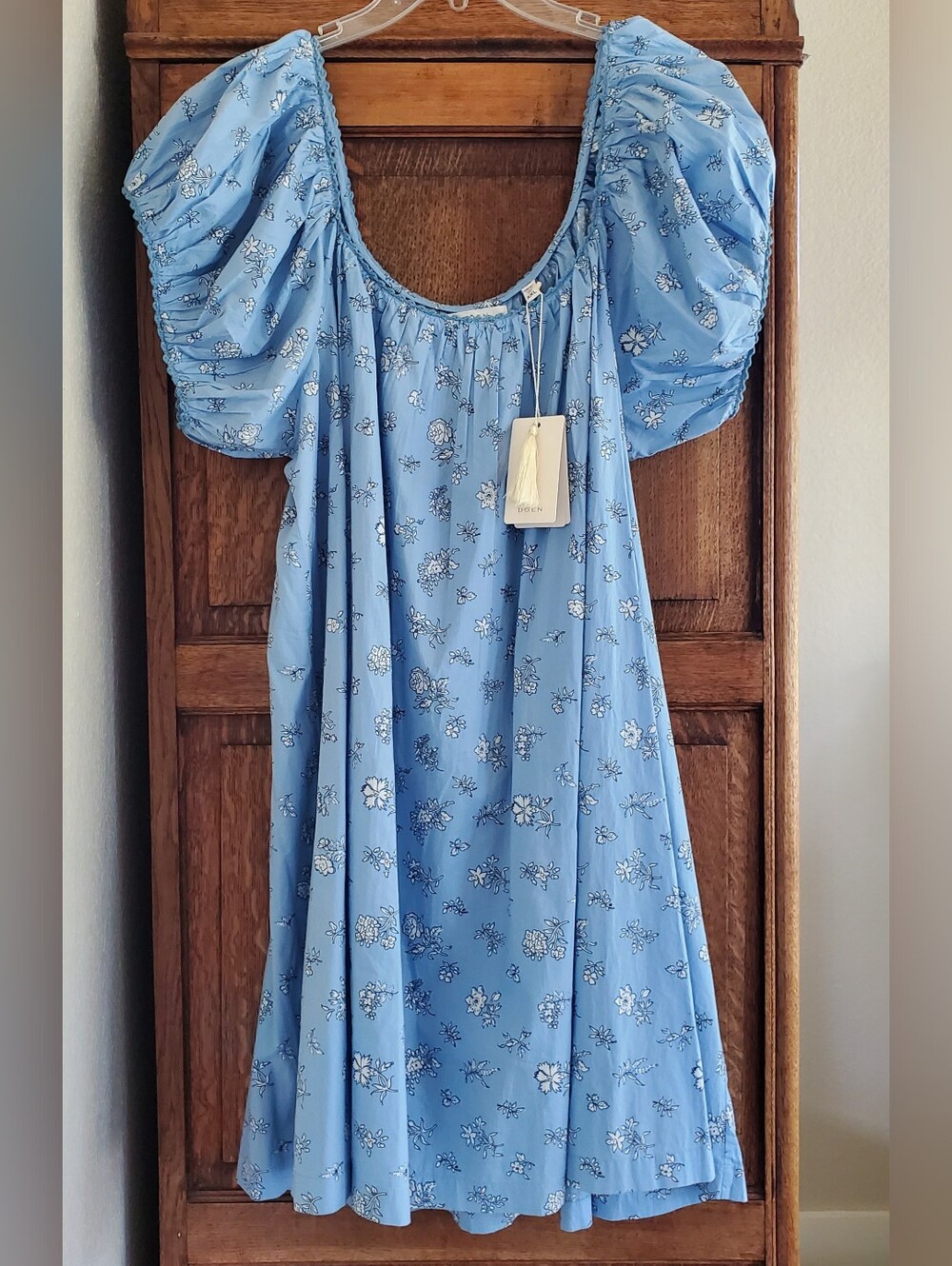 DOEN JULIE ORGANIC COTTON PUFF SLEEVE MINI DRESS SKY BOUTON DE ROSE XXL NWT